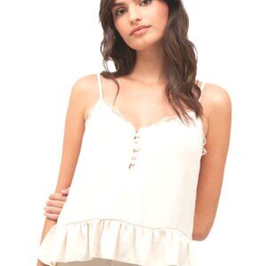 NKN Nekane White Peplum V-Neck Camisole Adjustable Straps Lace Trim Sheer Top SM